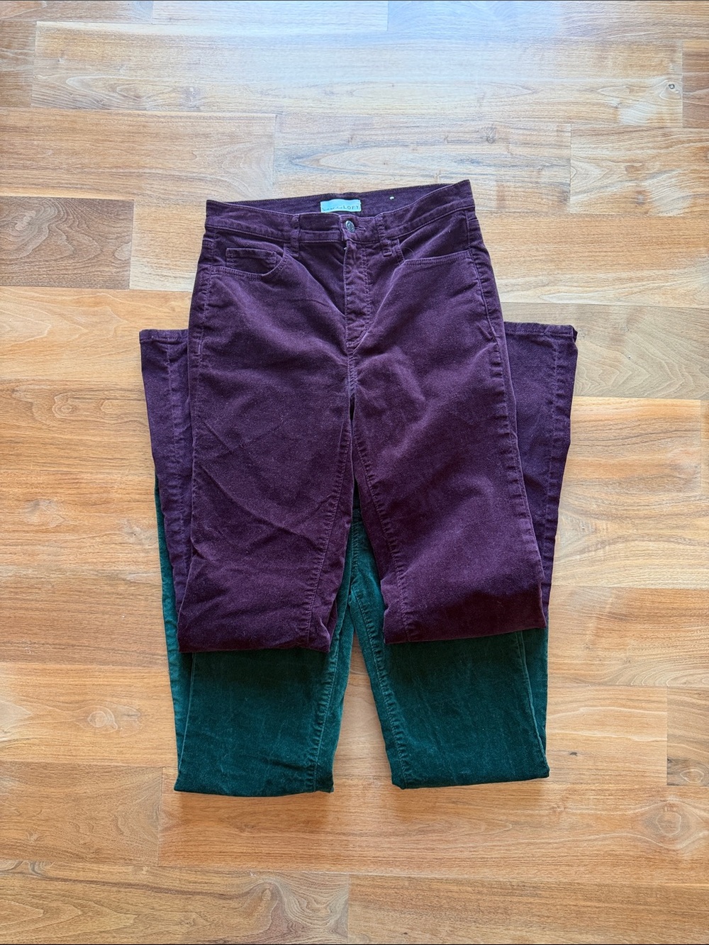 LOFT Wide-Leg Velvet Pants in Plum and Dark Green